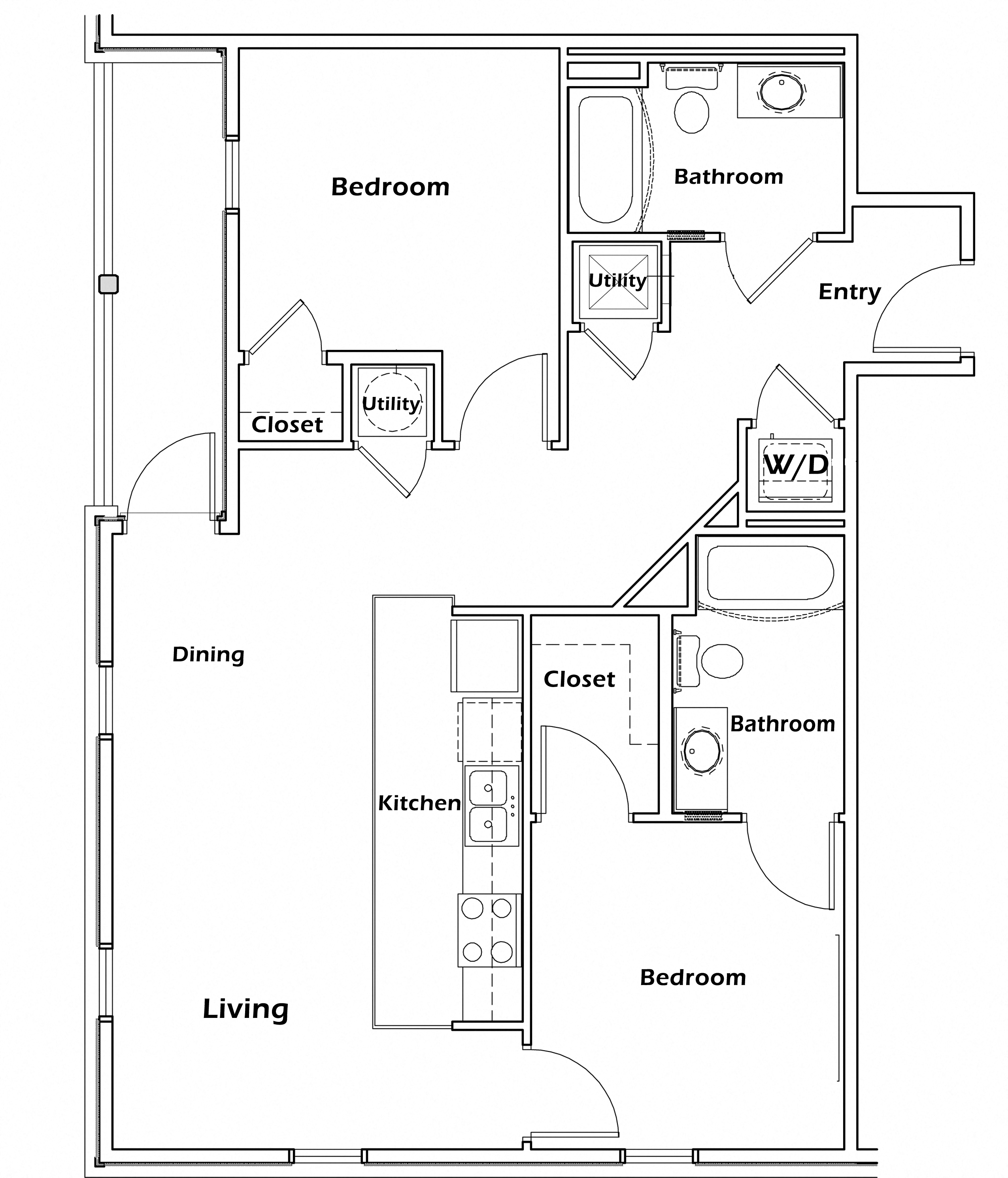 Floor plan for 2 beds, 2 baths, 1023 sqft